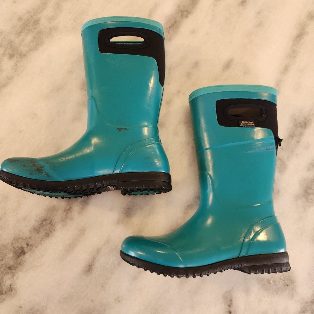 Bogs Tall Waterproof Rainboots -Teal with Black Trim Youth's Size 5